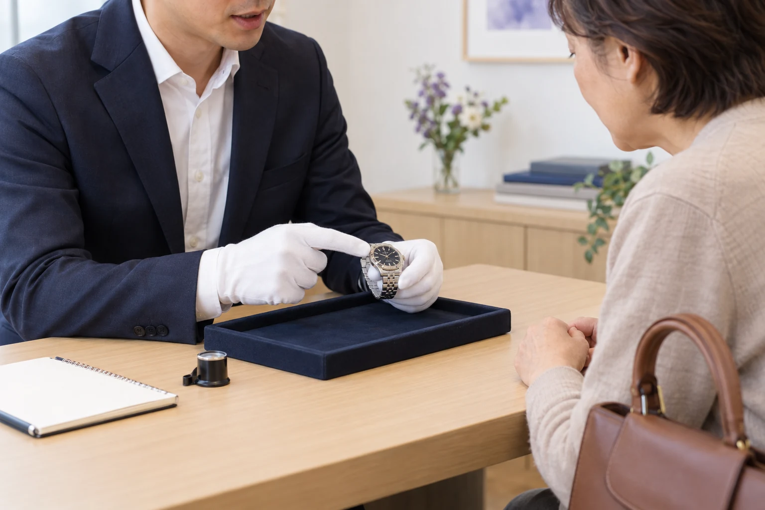 お客様の目の前で時計を確認しながら説明する査定風景のイメージ